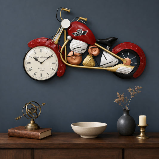 BHAVYAWUD™ Vintage Bullet Bike Metal Wall Clock (Maroon Edition) | 28" x 18" Retro Cruiser Motorcycle Handcrafted Wall Decor for Living Room, Man Caves & Gifting
