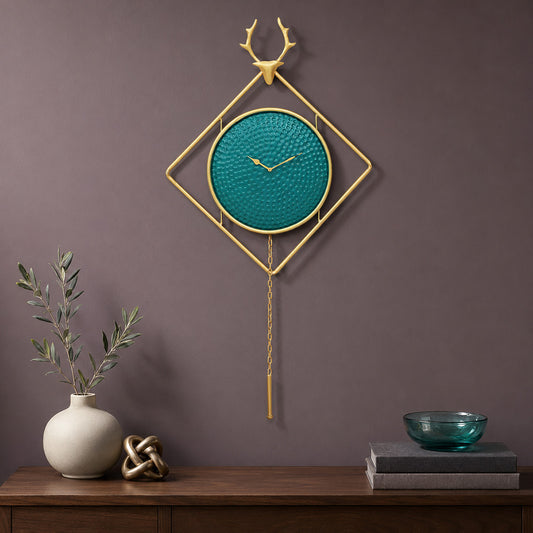 BHAVYAWUD™ Premium Geometric Deer Head Metal Wall Clock with Pendulum (45 Inches)