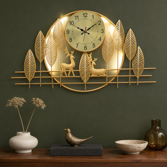 BHAVYAWUD™ Luxury Forest Deer & Golden Leaves LED Metal Wall Clock Art (41 x 24 Inches)
