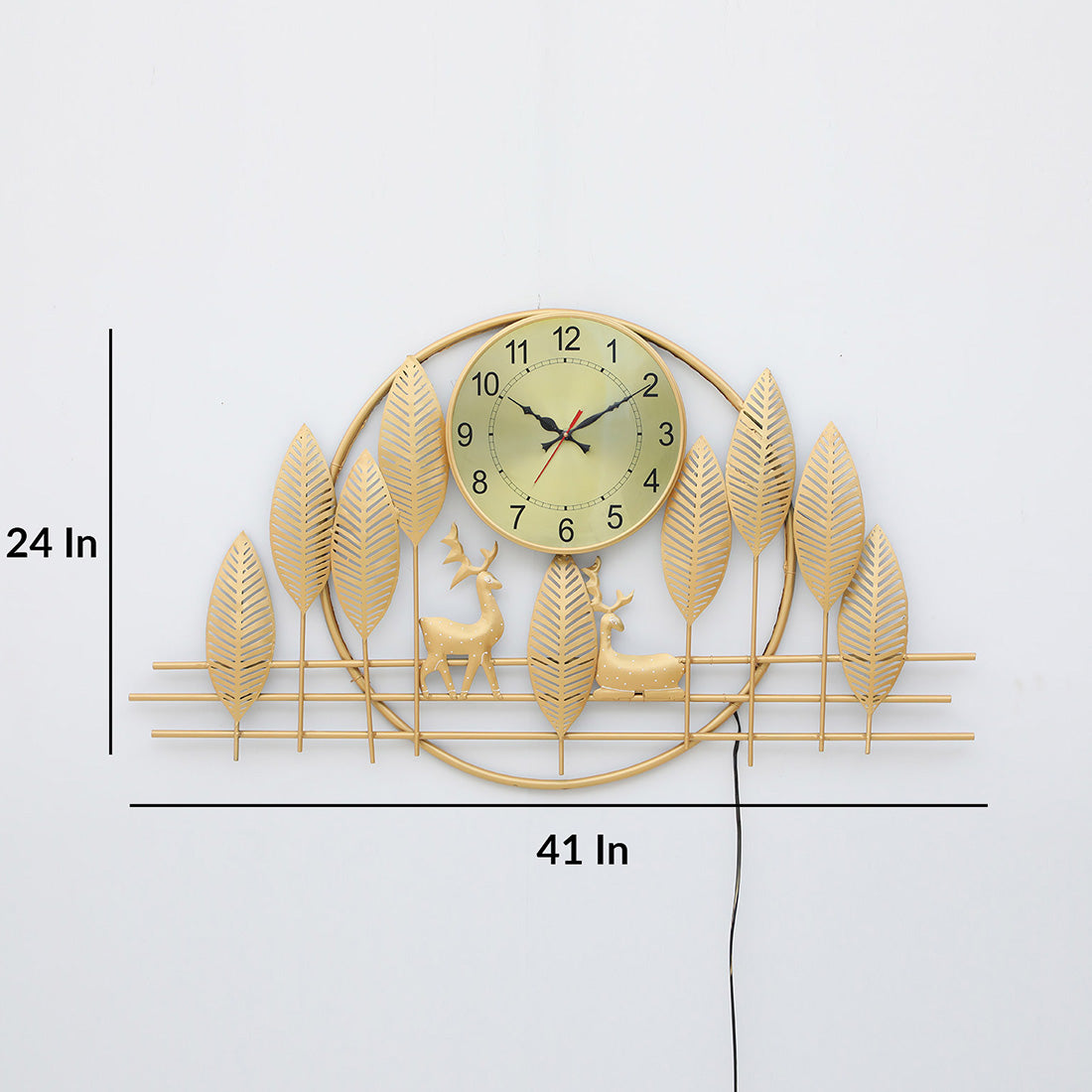 BHAVYAWUD™ Luxury Forest Deer & Golden Leaves LED Metal Wall Clock Art (41 x 24 Inches)