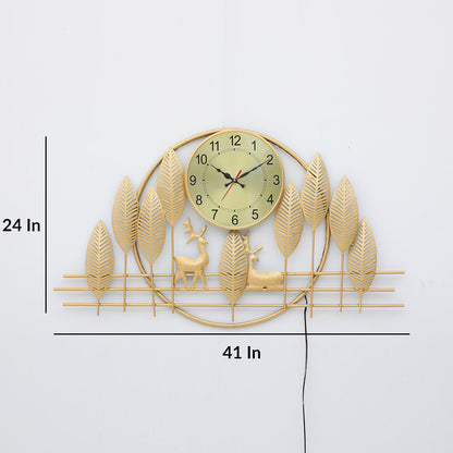 BHAVYAWUD™ Luxury Forest Deer & Golden Leaves LED Metal Wall Clock Art (41 x 24 Inches)
