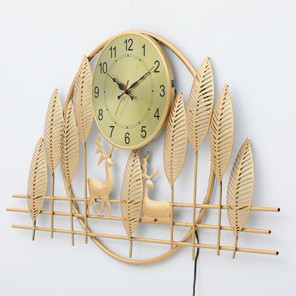 BHAVYAWUD™ Luxury Forest Deer & Golden Leaves LED Metal Wall Clock Art (41 x 24 Inches)