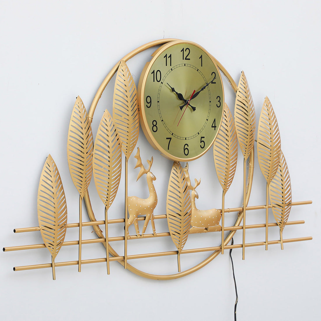 BHAVYAWUD™ Luxury Forest Deer & Golden Leaves LED Metal Wall Clock Art (41 x 24 Inches)