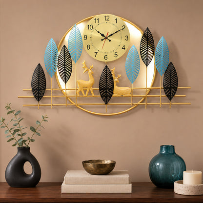 BHAVYAWUD™ Luxury Forest Deer & Multi-Tone Blue LED Metal Wall Clock Art (41 x 24 Inches)