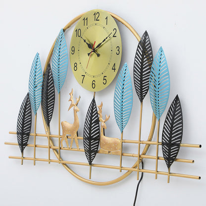 BHAVYAWUD™ Luxury Forest Deer & Multi-Tone Blue LED Metal Wall Clock Art (41 x 24 Inches)