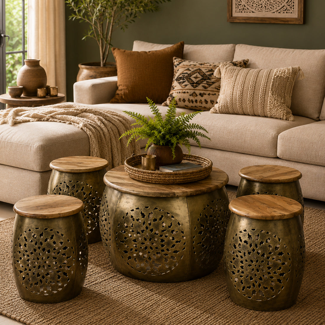 Handcrafted Gold Finished Hammered Metal Side Table and Stool  set