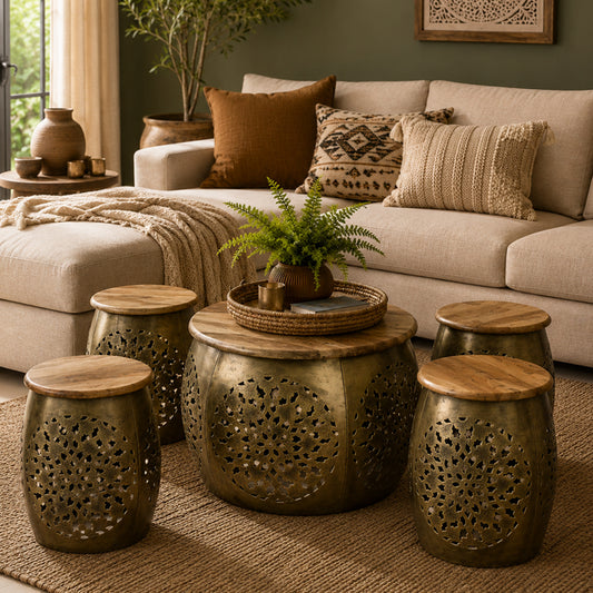 Handcrafted Gold Finished Hammered Metal Side Table and Stool  set