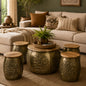 Handcrafted Gold Finished Hammered Metal Side Table and Stool  set