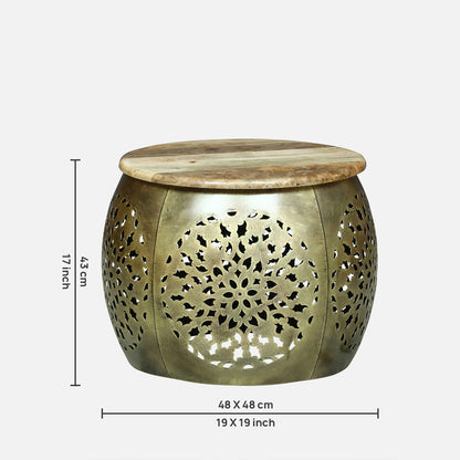 Handcrafted Gold Finished Hammered Metal Side Table and Stool  set