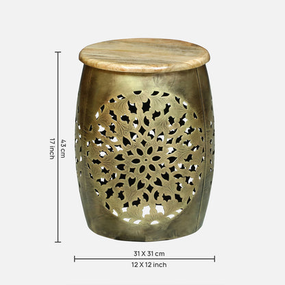Handcrafted Gold Finished Hammered Metal Side Table and Stool  set