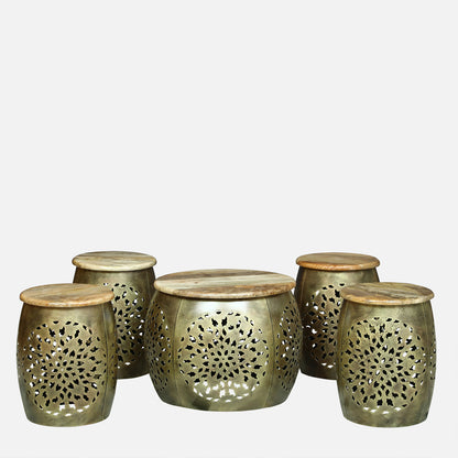 Handcrafted Gold Finished Hammered Metal Side Table and Stool  set