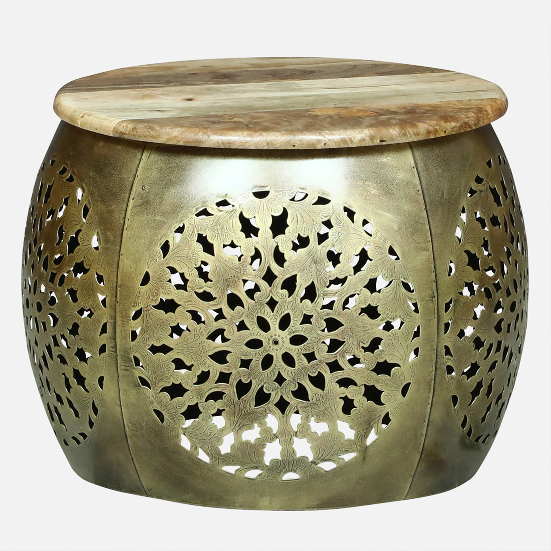 Handcrafted Gold Finished Hammered Metal Side Table and Stool  set
