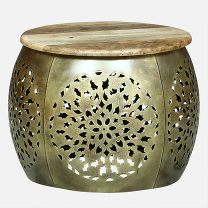 Handcrafted Gold Finished Hammered Metal Side Table and Stool  set