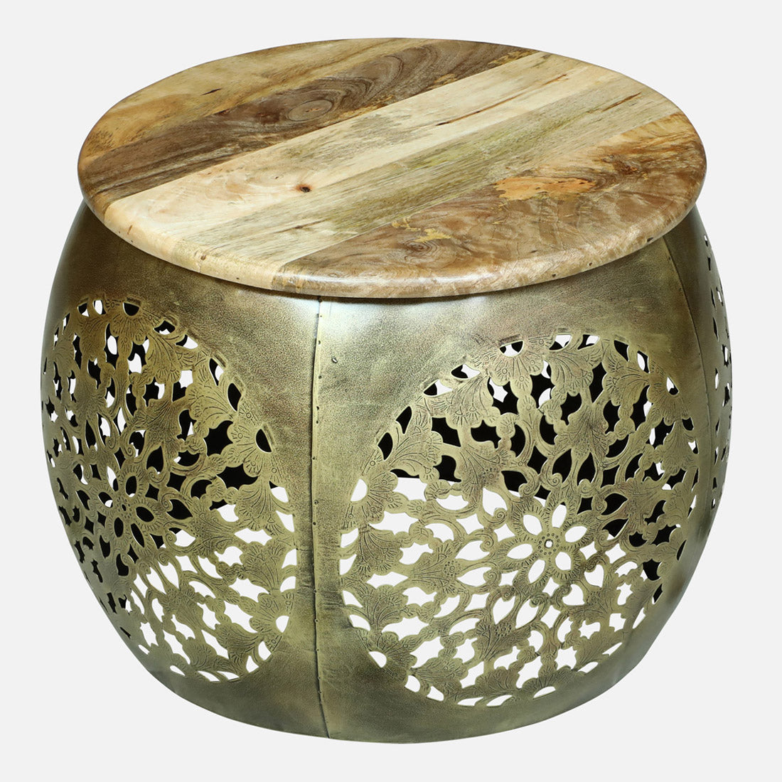Handcrafted Gold Finished Hammered Metal Side Table and Stool  set