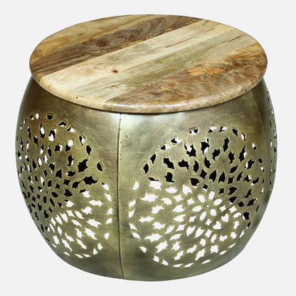 Handcrafted Gold Finished Hammered Metal Side Table and Stool  set