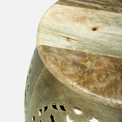 Handcrafted Gold Finished Hammered Metal Side Table and Stool  set