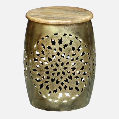 Handcrafted Gold Finished Hammered Metal Side Table and Stool  set