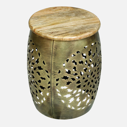 Handcrafted Gold Finished Hammered Metal Side Table and Stool  set