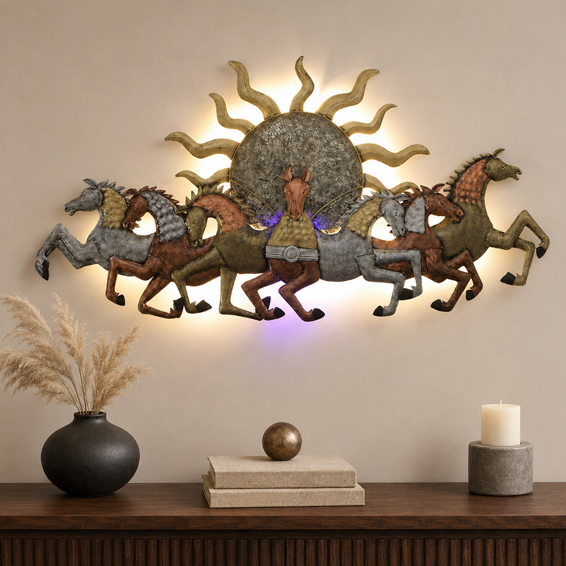 BHAVYAWUD™ Luxury 7 Running Horses Metal Wall Art with LED Backlight | 58" x 35" Majestic Sun & Horses 3D Wall Decor for Living Room & Vastu