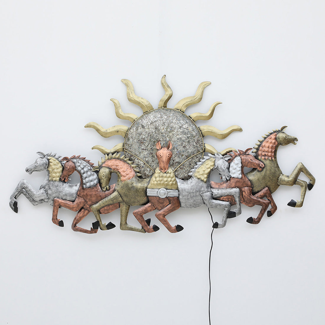 BHAVYAWUD™ Luxury 7 Running Horses Metal Wall Art with LED Backlight | 58" x 35" Majestic Sun & Horses 3D Wall Decor for Living Room & Vastu