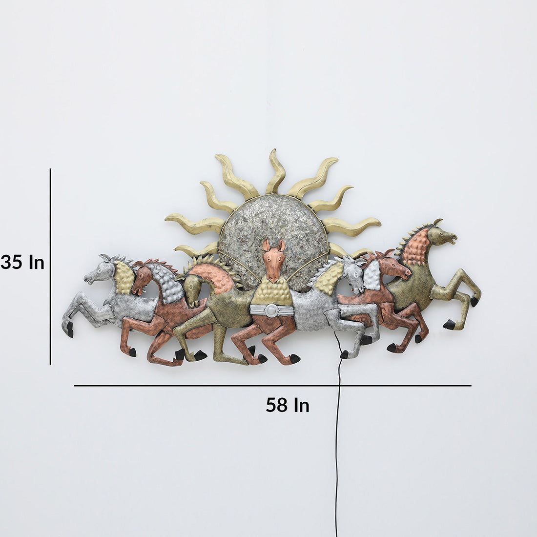 BHAVYAWUD™ Luxury 7 Running Horses Metal Wall Art with LED Backlight | 58" x 35" Majestic Sun & Horses 3D Wall Decor for Living Room & Vastu