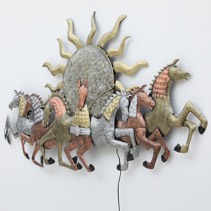 BHAVYAWUD™ Luxury 7 Running Horses Metal Wall Art with LED Backlight | 58" x 35" Majestic Sun & Horses 3D Wall Decor for Living Room & Vastu