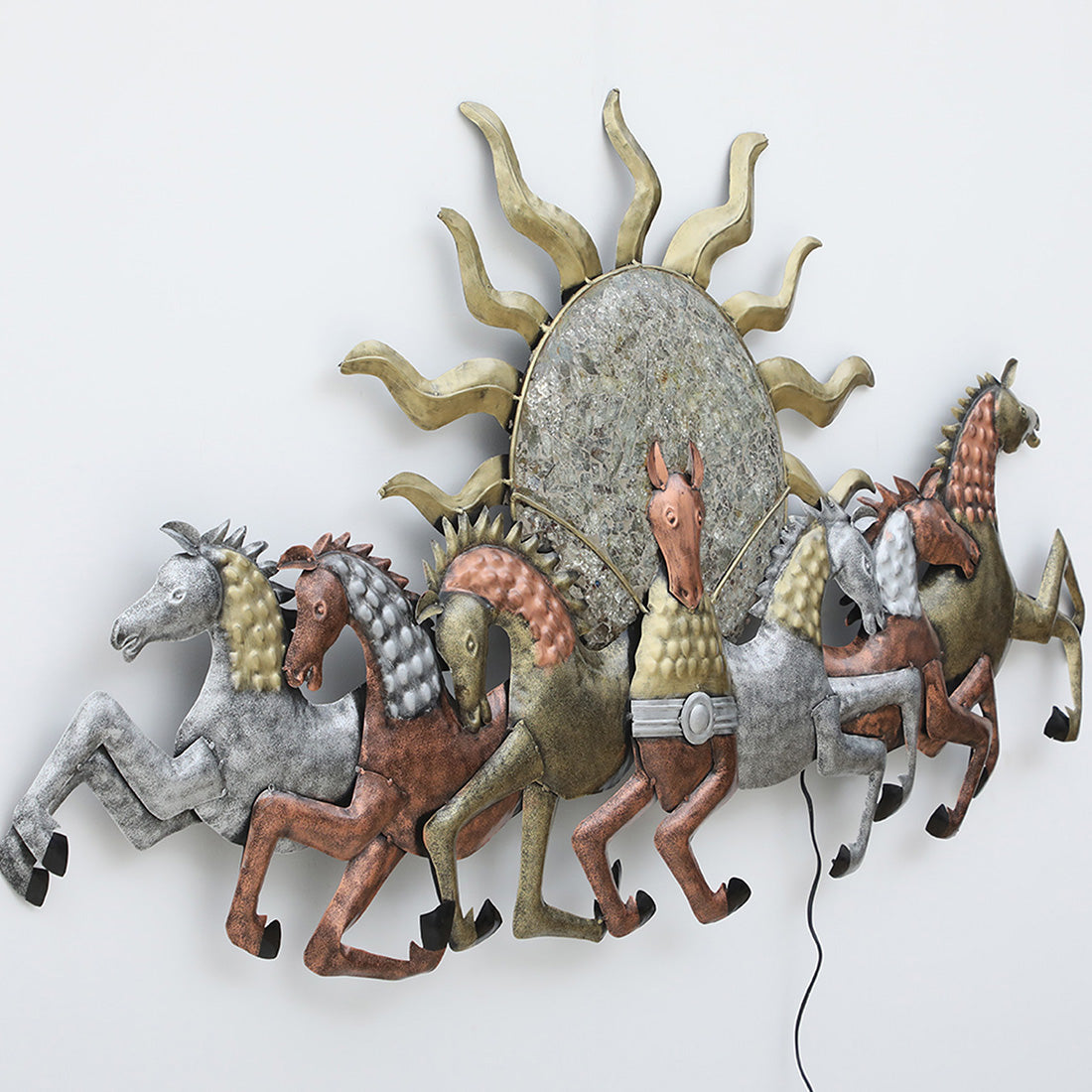 BHAVYAWUD™ Luxury 7 Running Horses Metal Wall Art with LED Backlight | 58" x 35" Majestic Sun & Horses 3D Wall Decor for Living Room & Vastu