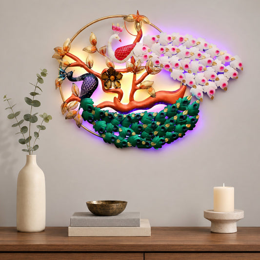 BHAVYAWUD™ Handcrafted Couple Peacock Metal Wall Art with LED Backlight | 36" x 40" Premium Real-Metal Romantic Peacock Wall Decor for Living Room & Bedroom