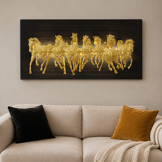 BHAVYAWUD™ Vastu 7 Running Horses LED Metal Wall Art on MDF Panel (48 x 24 Inches)