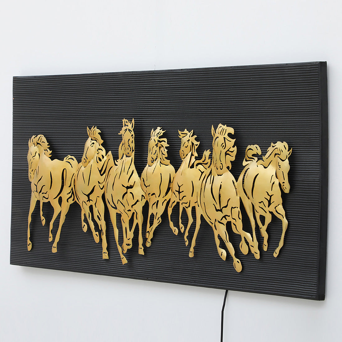 BHAVYAWUD™ Vastu 7 Running Horses LED Metal Wall Art on MDF Panel (48 x 24 Inches)
