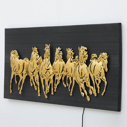 BHAVYAWUD™ Vastu 7 Running Horses LED Metal Wall Art on MDF Panel (48 x 24 Inches)