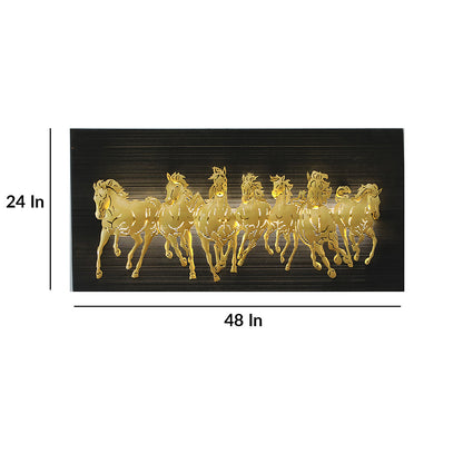 BHAVYAWUD™ Vastu 7 Running Horses LED Metal Wall Art on MDF Panel (48 x 24 Inches)