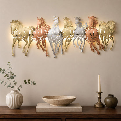 BHAVYAWUD™ Vastu 7 Running Horses Multi-Tone LED Metal Wall Art (42 x 17 Inches)