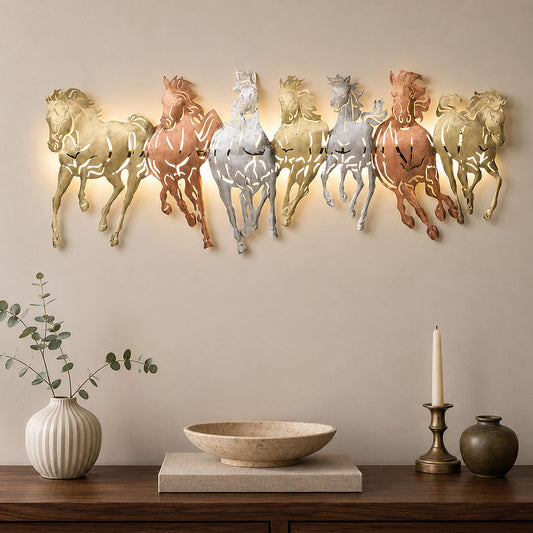 BHAVYAWUD™ Vastu 7 Running Horses Multi-Tone LED Metal Wall Art (42 x 17 Inches)
