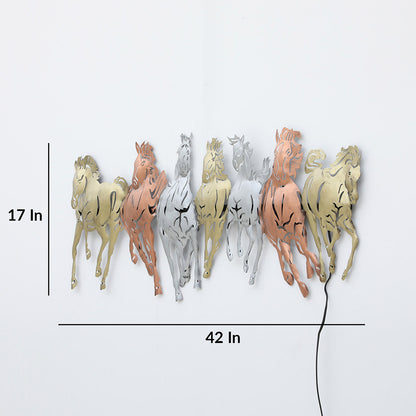 BHAVYAWUD™ Vastu 7 Running Horses Multi-Tone LED Metal Wall Art (42 x 17 Inches)