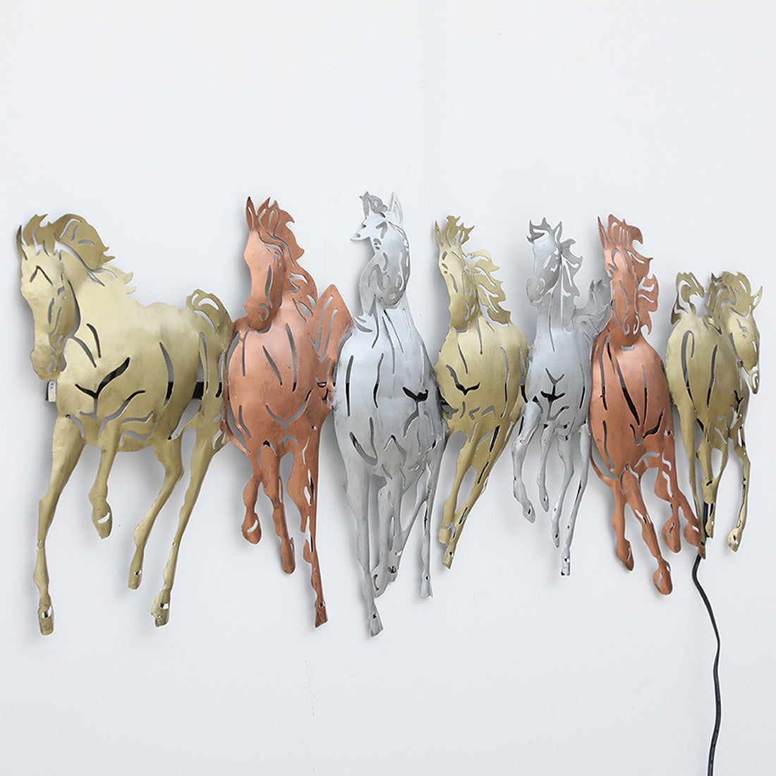 BHAVYAWUD™ Vastu 7 Running Horses Multi-Tone LED Metal Wall Art (42 x 17 Inches)
