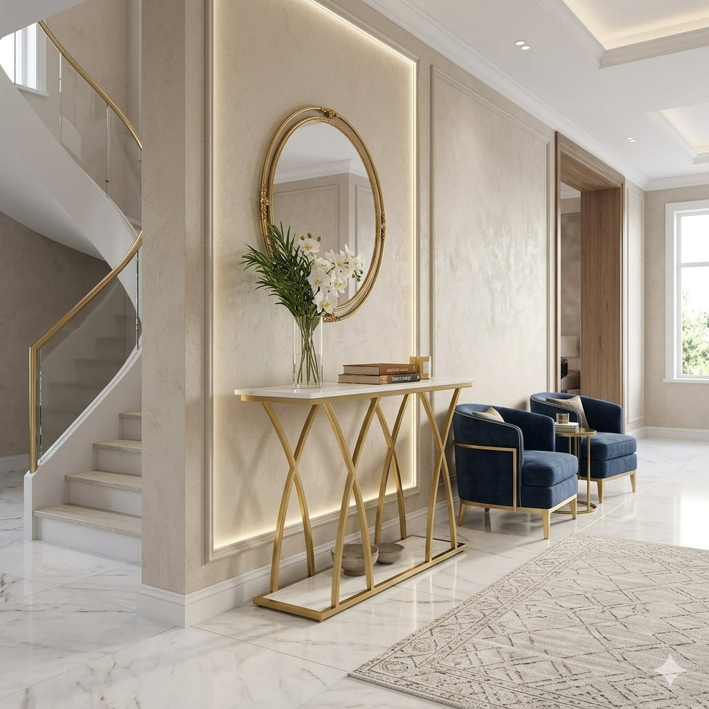 BHAVYAWUD™ Luxury Porcelain Top Console Table with PU Gold Finish Geometric Legs for Entryway & Living Room