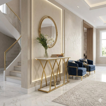 BHAVYAWUD™ Luxury Porcelain Top Console Table with PU Gold Finish Geometric Legs for Entryway & Living Room