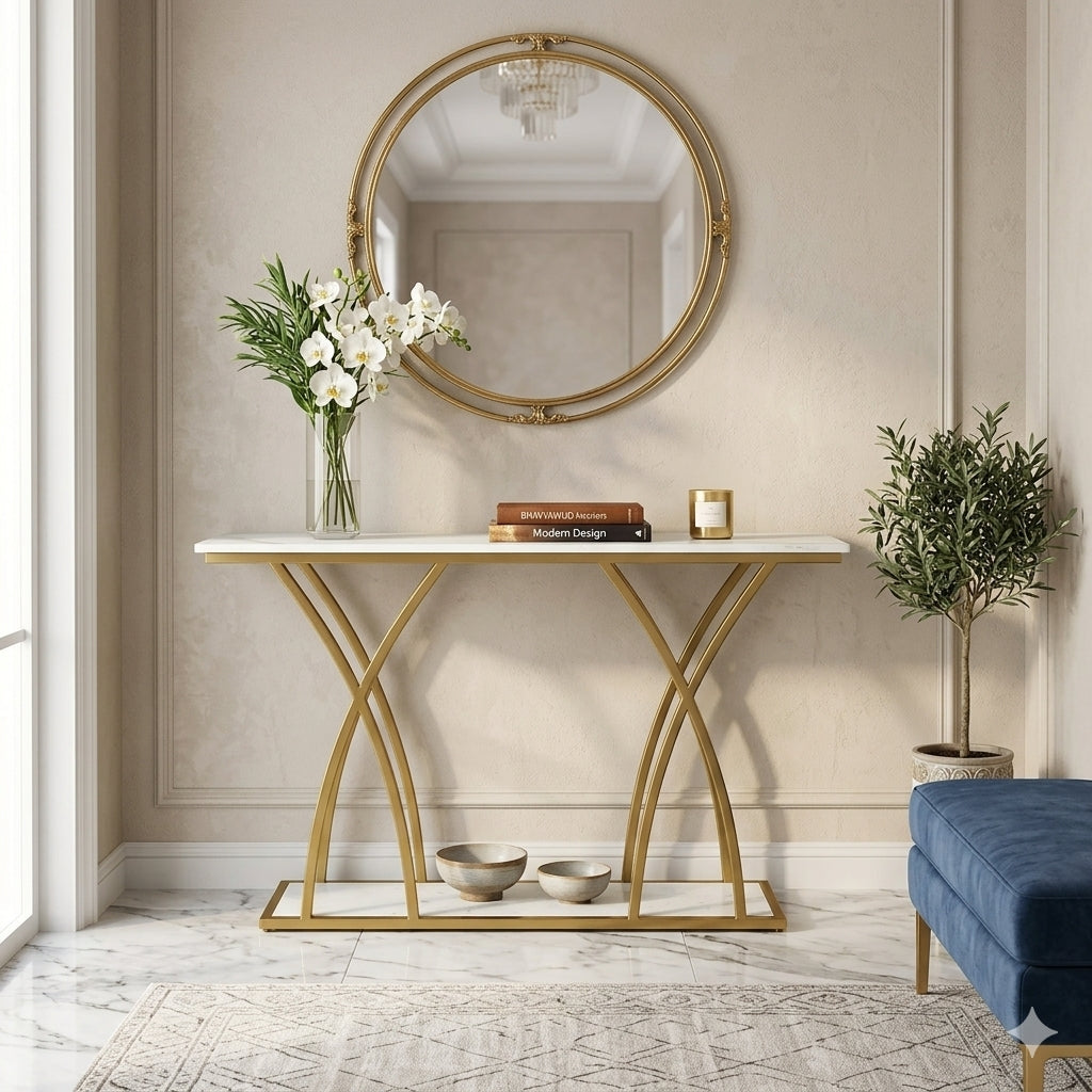 BHAVYAWUD™ Luxury Porcelain Top Console Table with PU Gold Finish Geometric Legs for Entryway & Living Room